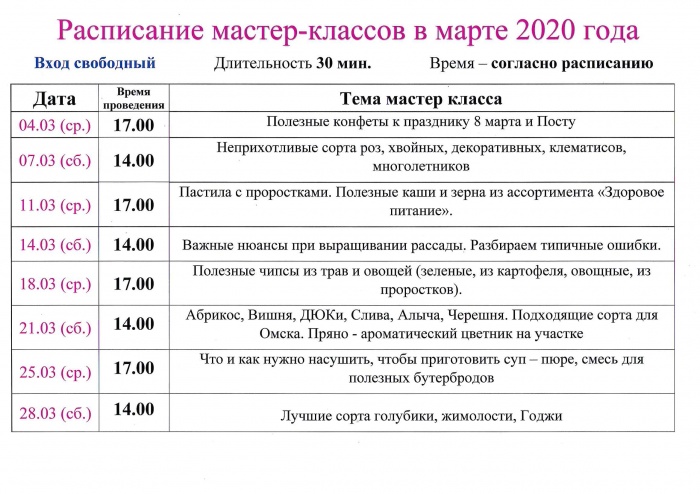 Расписание мастер-классов в марте 2020 года
